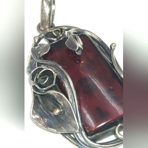 Baltic Amber Sterling Silver Art Nouveau Floral Pendant Vintage - Picture 5 of 16